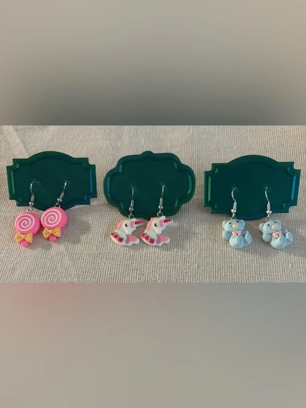 Kids Pink Lollipop, Unicorn & Blue Bear Dangle Earrings - Cute Kids Accessories